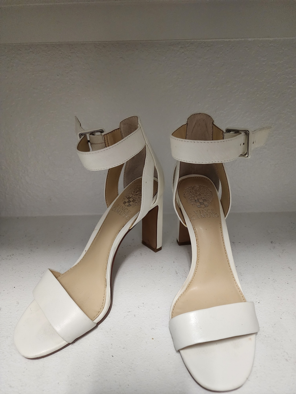Vince Camuto White Ankle-Strap Block Heel Sandals